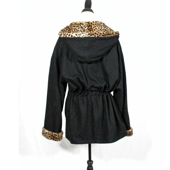 Vintage 1990s Herman Kay Black Wool Coat Leopard Faux Fur Trim Hood Grunge 90s - Picture 3 of 10